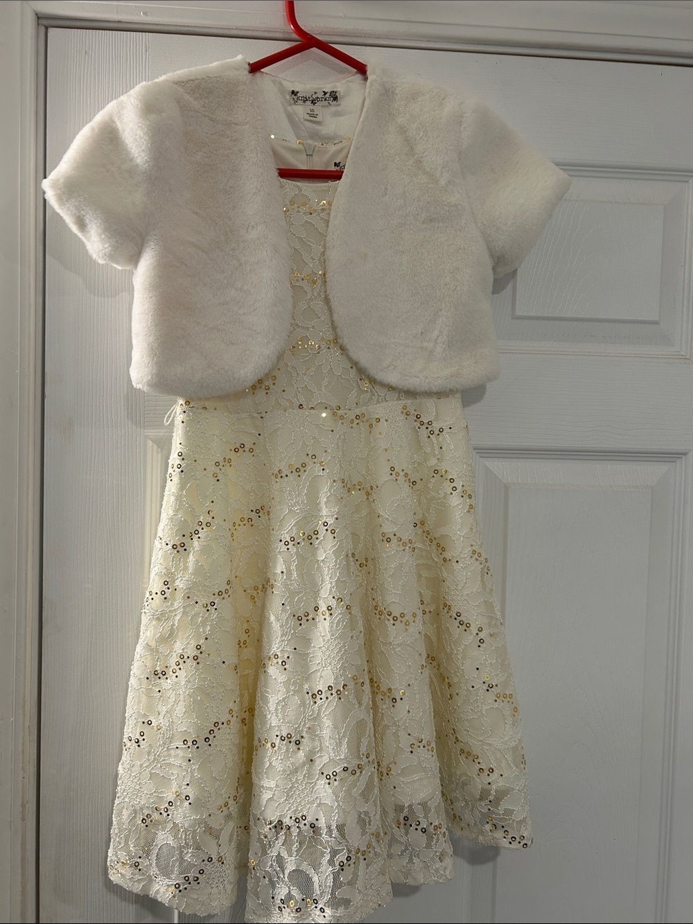 Knitworks Ivory Lace Dress with White Faux Fur Bolero